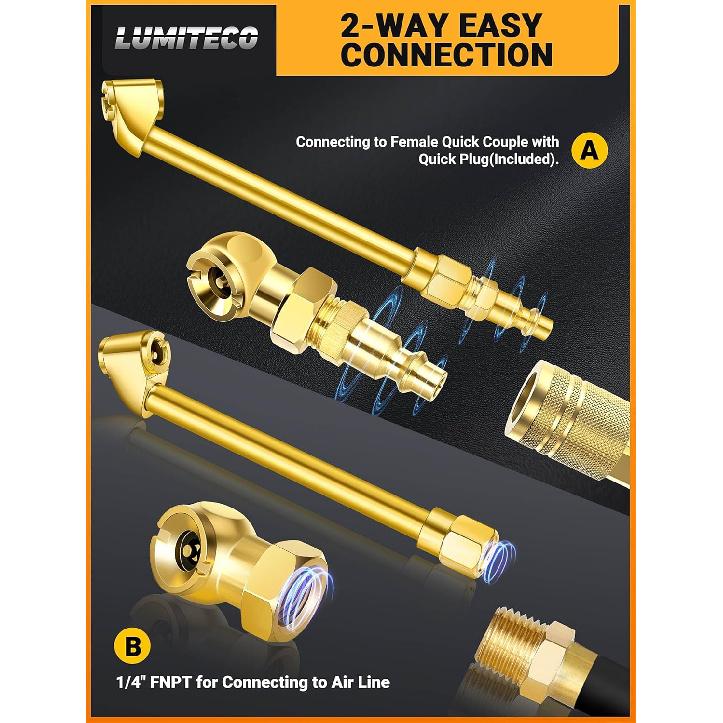 2 Pack Heavy Duty Air Chuck Set-1/4 Inch Female NPT Closed Ball Tire Chuck, Dual Head Air Chuck And Standard Male Quick Plug, Tire Air Fill Kit For