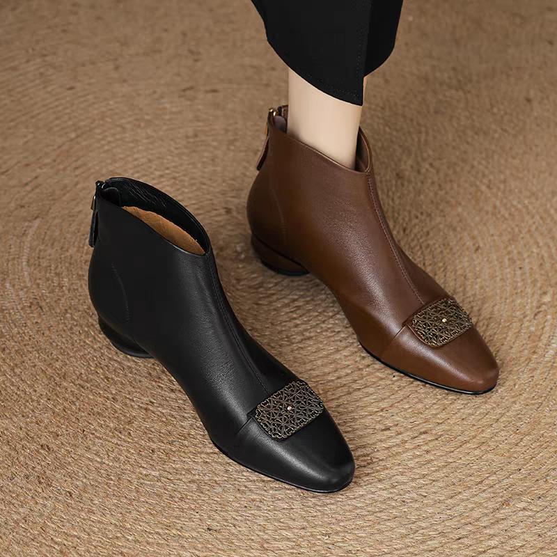 Fashion Block Heel Booties Women Winter Retro Style Metal Round Toe Fashion Boots New Chelsea Boots