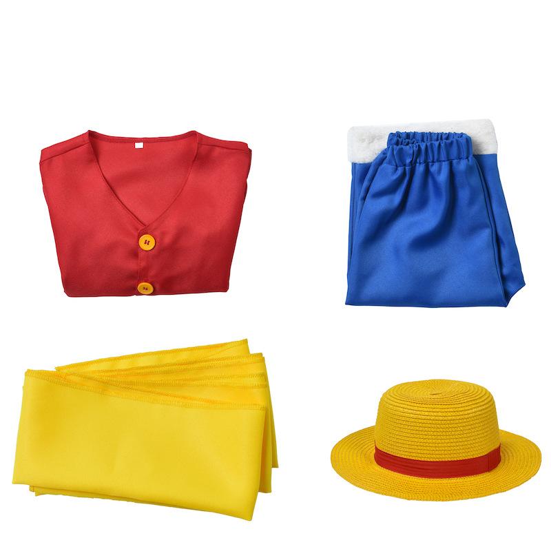 ONE PIECE Abiti COS di Luffy con lo stesso cappello di paglia, abiti prima e seconda generazione, abbigliamento cosplay animazione, re dei pirati, uomo, maniche corte