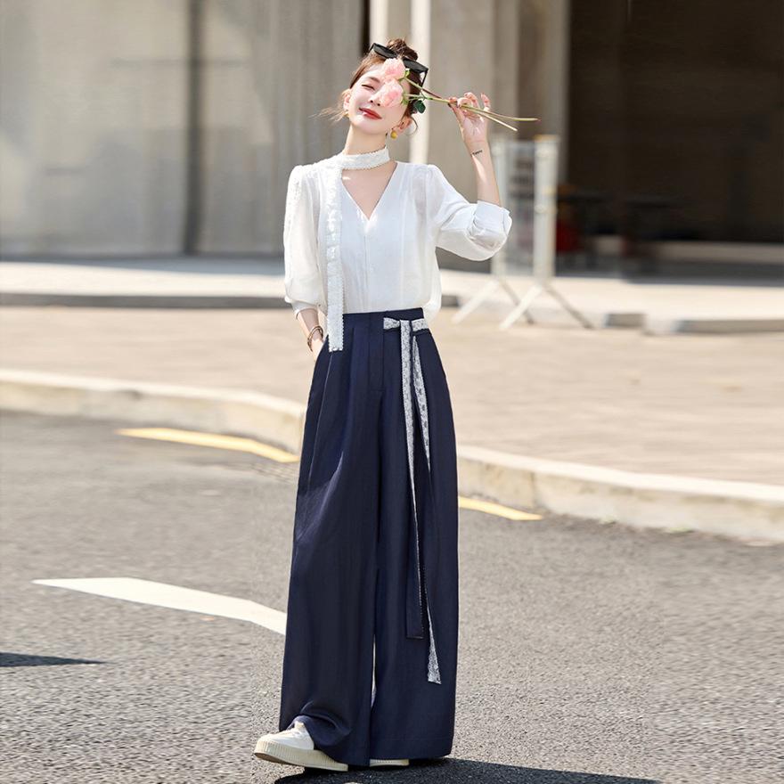 

Белый свет зрелый ветер кружевной воротник стример рубашка комплект женский весенний маленький широкие брюки костюм-двойка S