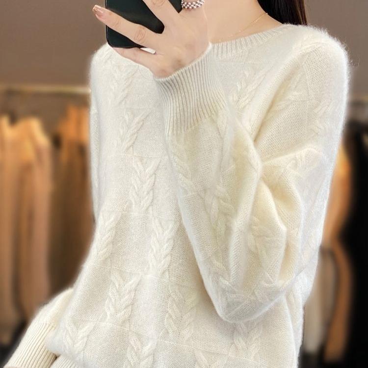 Loose Sweater Women's Round-neck Cut-out Knitted Sweater Loose Solid Color Casual Pullover for Autumn and Winter