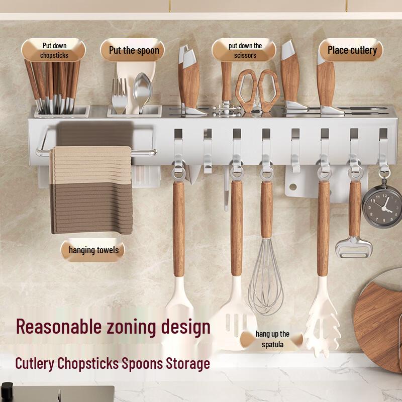 Wall-Mounted Stainless Steel Kitchen Knife and Utensil Rack
