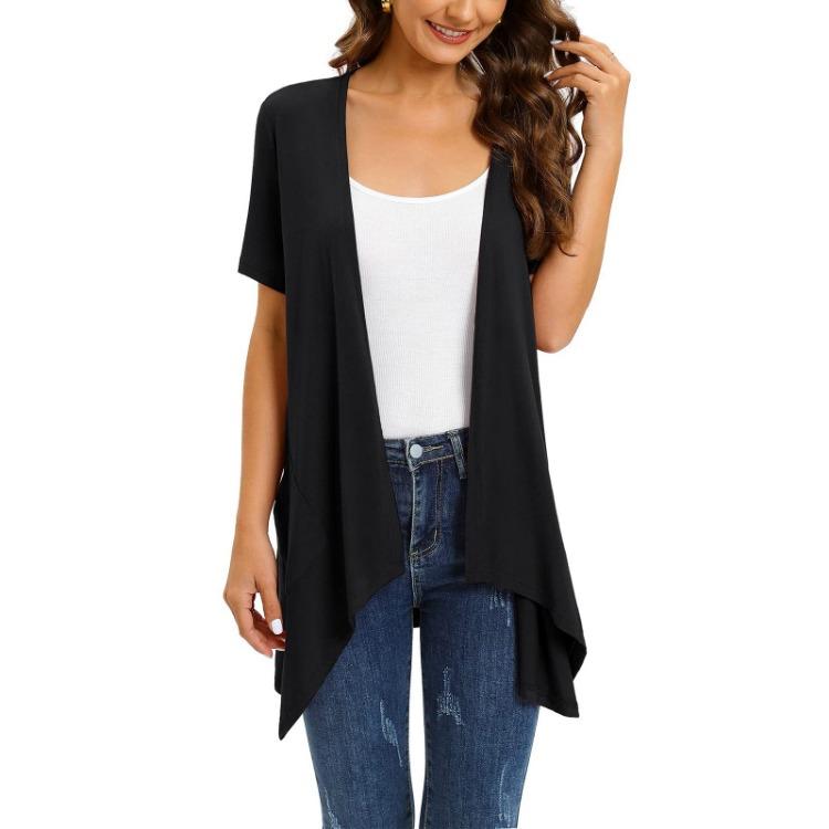 2023 Fashion Women Short Sleeve Cardigan Solid Color European American Style