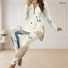 Women Plus Size White Blue Green Printed Front Zip Long Sleeve Top And Long Pants Two Piece Set