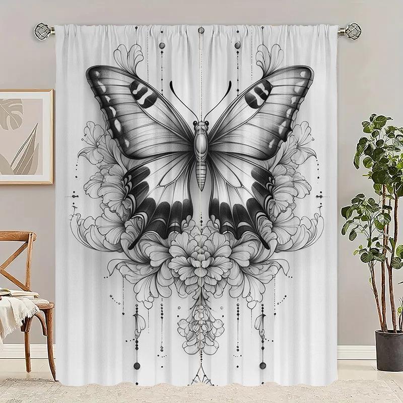 2Pcs- Sketched Butterfly - Printed Curtain -100% Polyester, Suitable for Bedroom Curtains and Living Room Decoration.