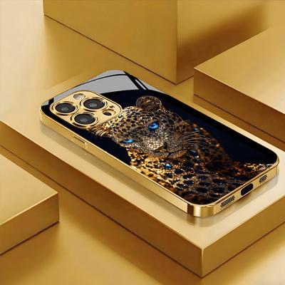 Diamant Gold Leopardendruck Metallische Farbe Glas Handyhülle für iPhone 17 Pro Max 11 12 13 14 15 Pro 16 15 Plus 17Air 16E Hülle