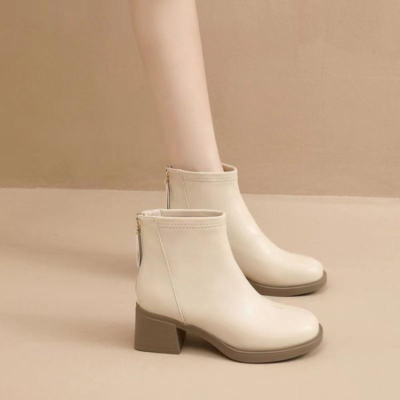 Soft leather short boots women's square head thick heel new autumn and winter single boots medium heel French white soft leather thin boots women