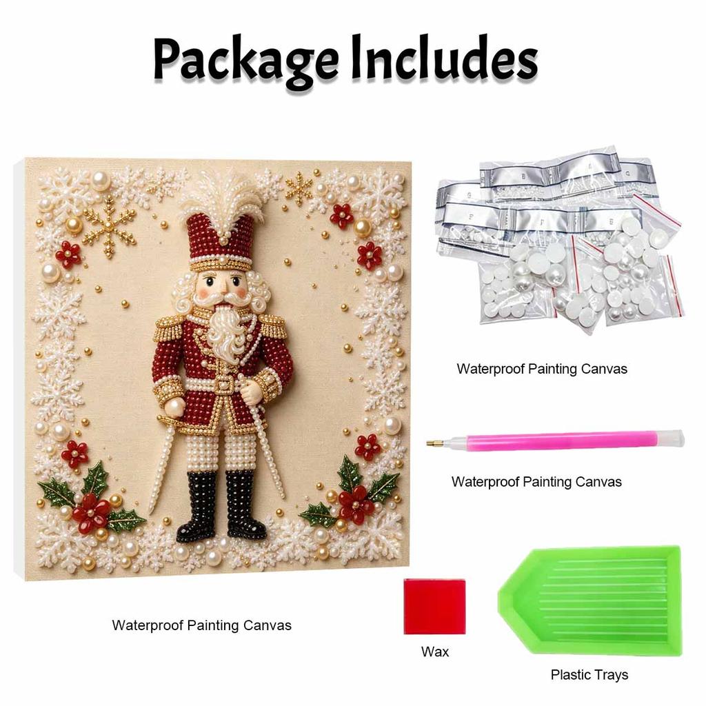 Handmade Framed Pearl Painting Set with Festive Nutcracker Design 5D Shiny Bead Art Canvas Creative Craft for Christmas Home Room Decor