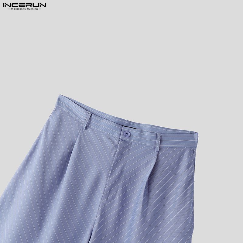 INCERUN Summer Men Zipper Waist Casual Striped Long Pants Trousers