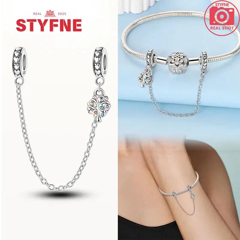 Real Silver 925 Star and Moon Flower Heart Safety Chain Wearable Jewelry Gift Bracelet DIY Beads for Women
