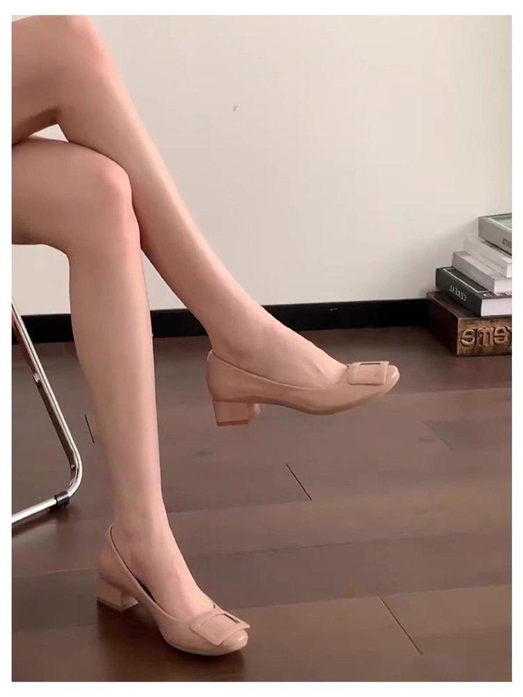 Popular square buckle shallow single shoes women's thick heel 2025 spring new French temperament square head medium heel commuter high heels