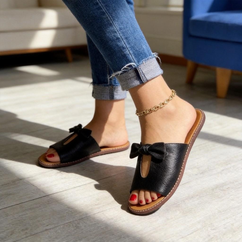 Womens Summer Flat Sandals With Bow Hollow Out For Casual Daily Wear