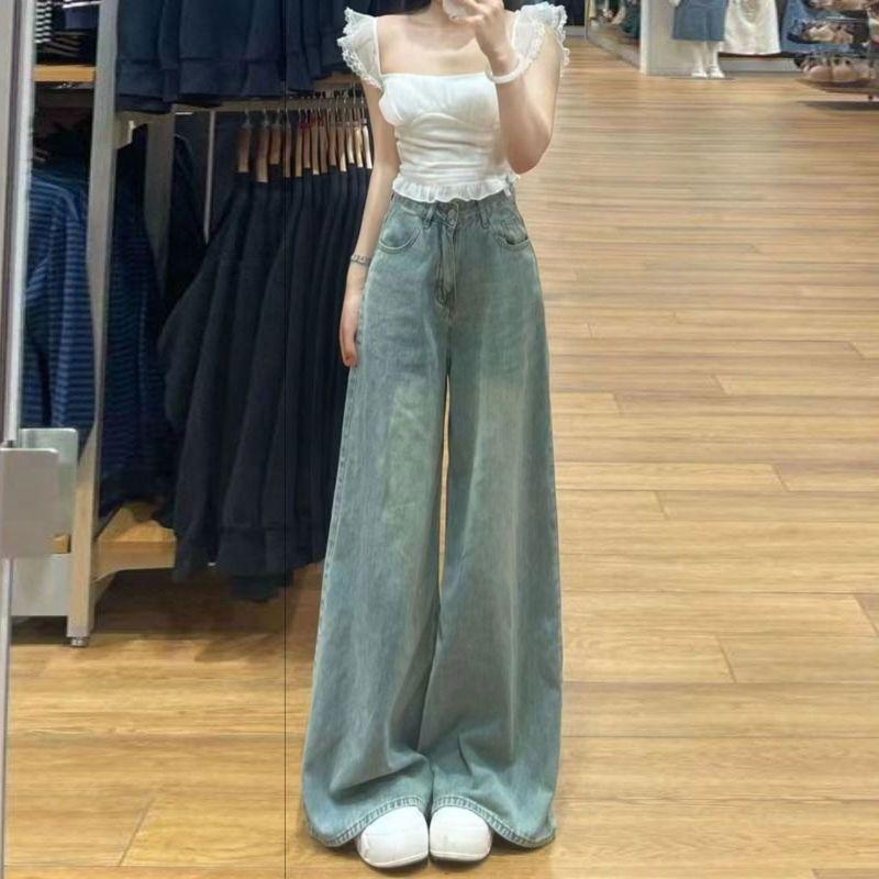 High-Waisted Straight Jeans Women Spring and Summer Thin Loose Drag Floor Pants Slim Wide-Leg Pants Retro Street Style Baggy Long Jeans for Ladies
