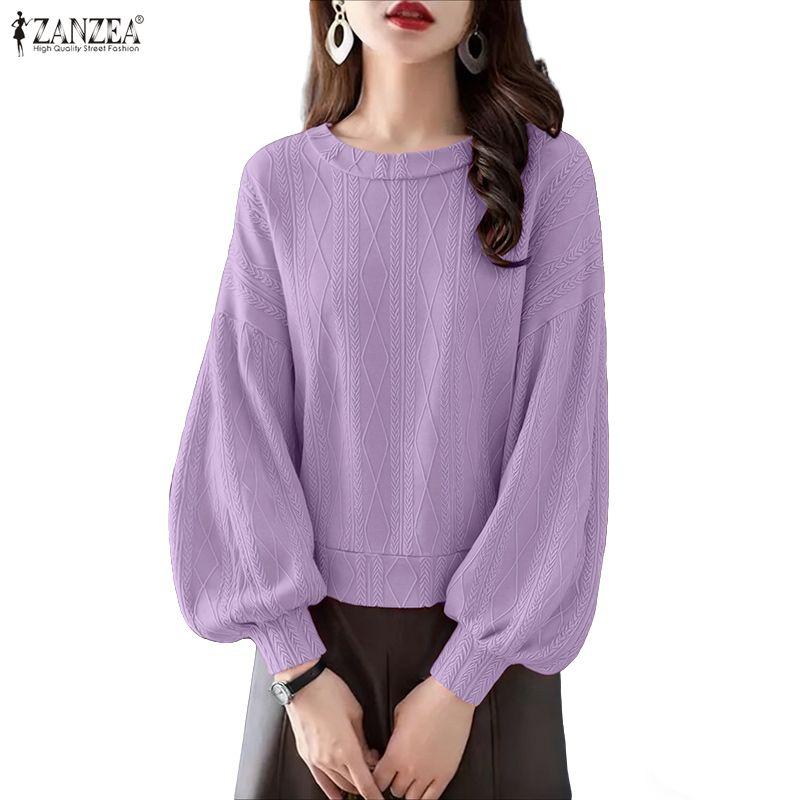 ZANZEA Women Casual Round Neck Long Sleeve Loose Pullover Blouse