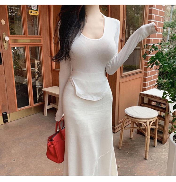 Korean Dongdaemun Low-Cut Slimming Long Sleeve T-Shirt with Curved Hem - Women's Clothing