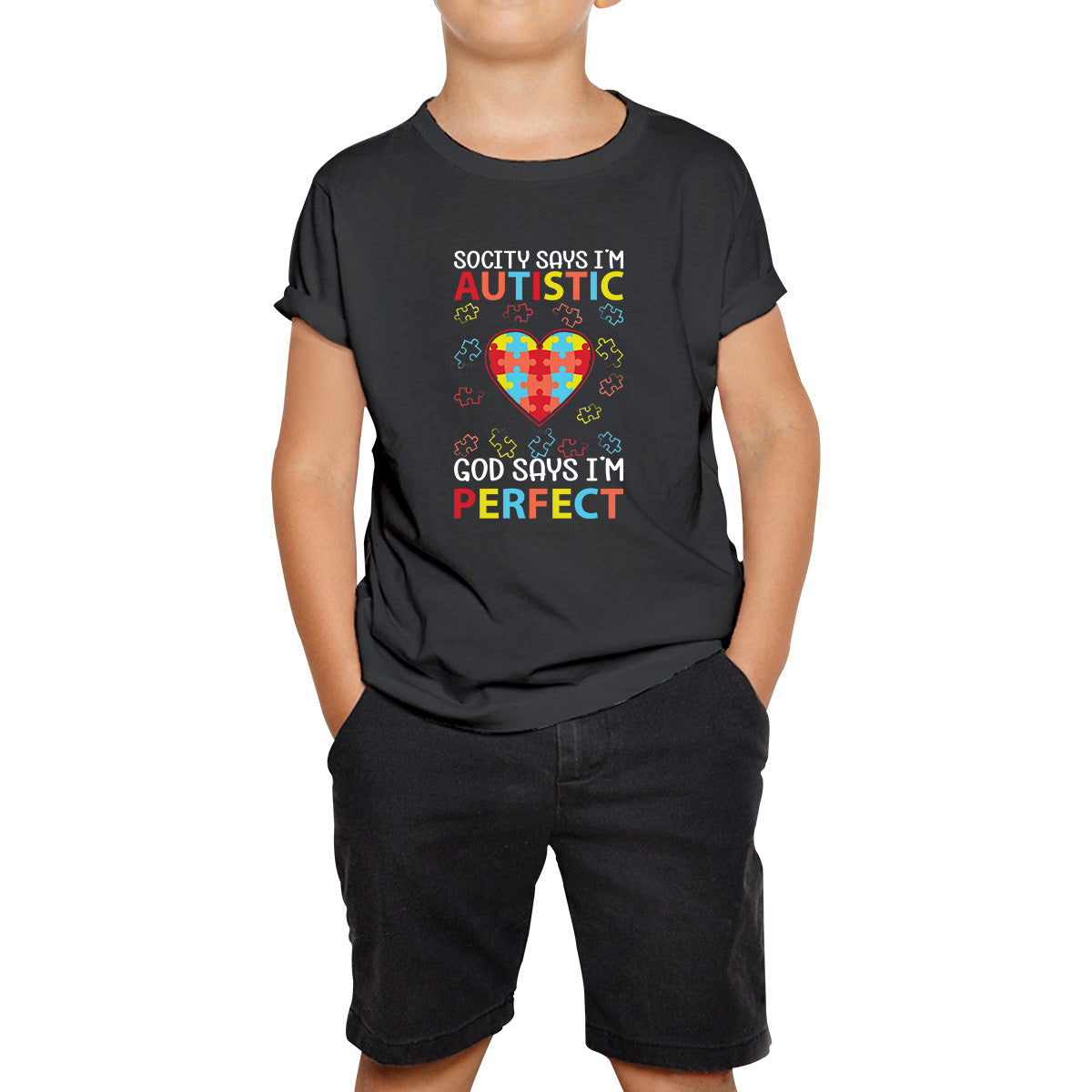 Society Says I m Autistic God Says I m Perfect Autism Awareness Month Heart Puzzle Pieces Special Education Kids T Shirt 120