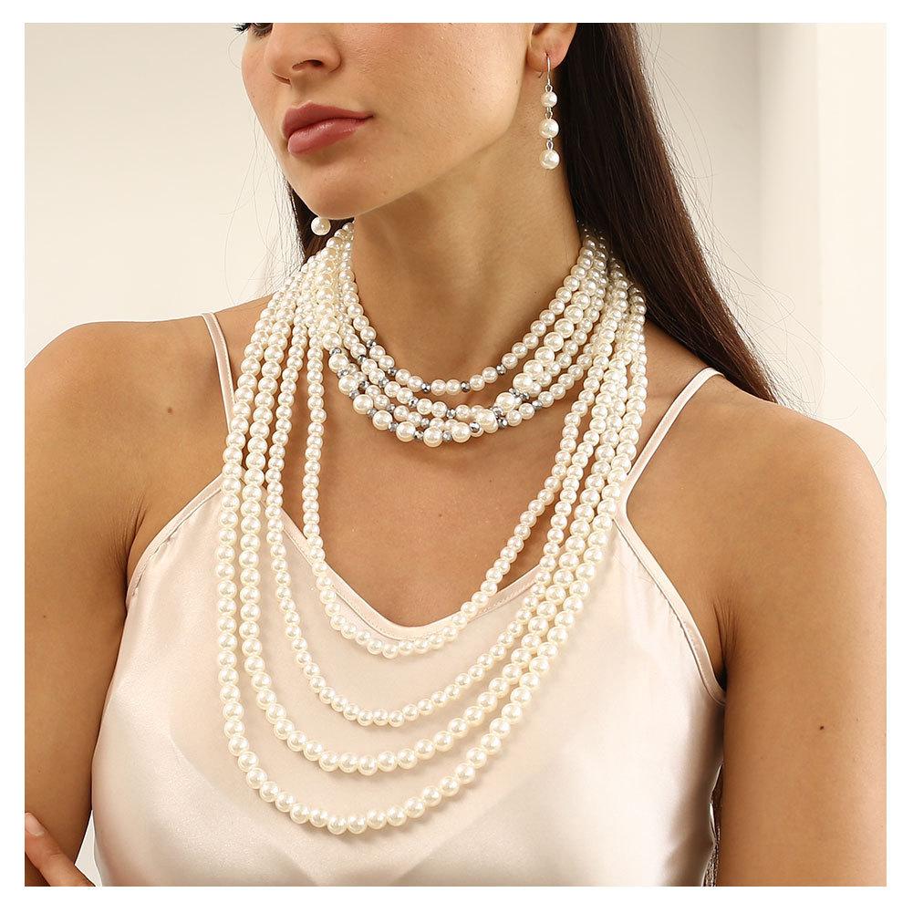 European and American Exaggerated Multi-layer Pearl Necklace with Crystal, Temperament Long Sweater Chain Necklace for Women