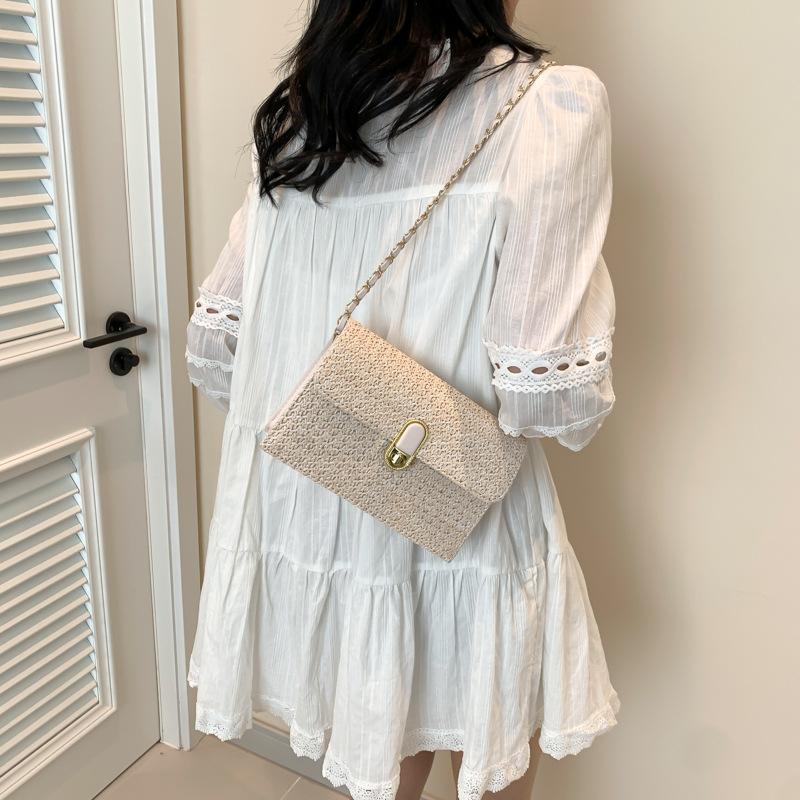 Geantă de damă cu un singur umăr, stil nou, la modă, simplă și proaspătă, cu lanț, geantă crossbody din paie la modă