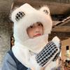 Cute bear hat, scarf and gloves integrated winter outdoor velvet women's thermal ear protection pullover hat