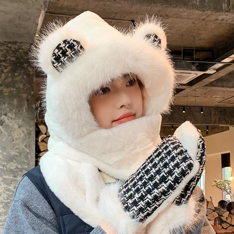 Cute bear hat, scarf and gloves integrated winter outdoor velvet women's thermal ear protection pullover hat