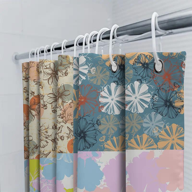 Colorful Shower Curtain Decorative Water Resistant Fabric Home Bathroom Window Decor 4 Panels Set Flower Print Modern Design Wat