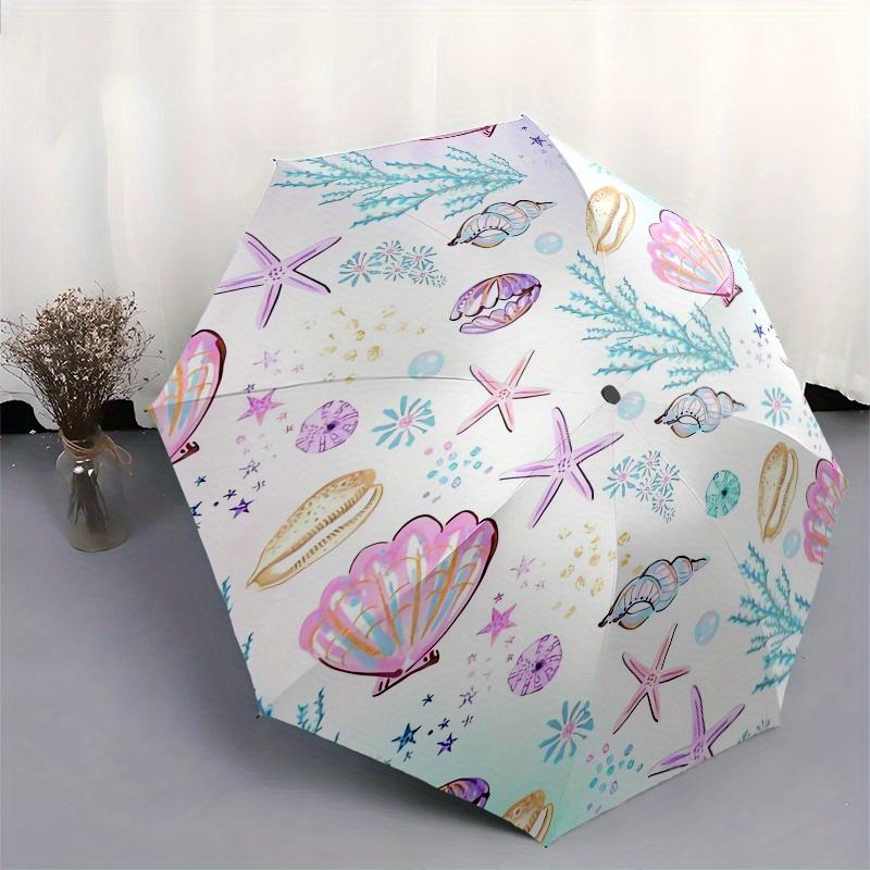 Seashell Pattern Automatic Folding Umbrella  Simple 8 Rib Design, Bright Cartoon Pattern, Durable Iron Frame, Suitable For Travel, Outdoor,