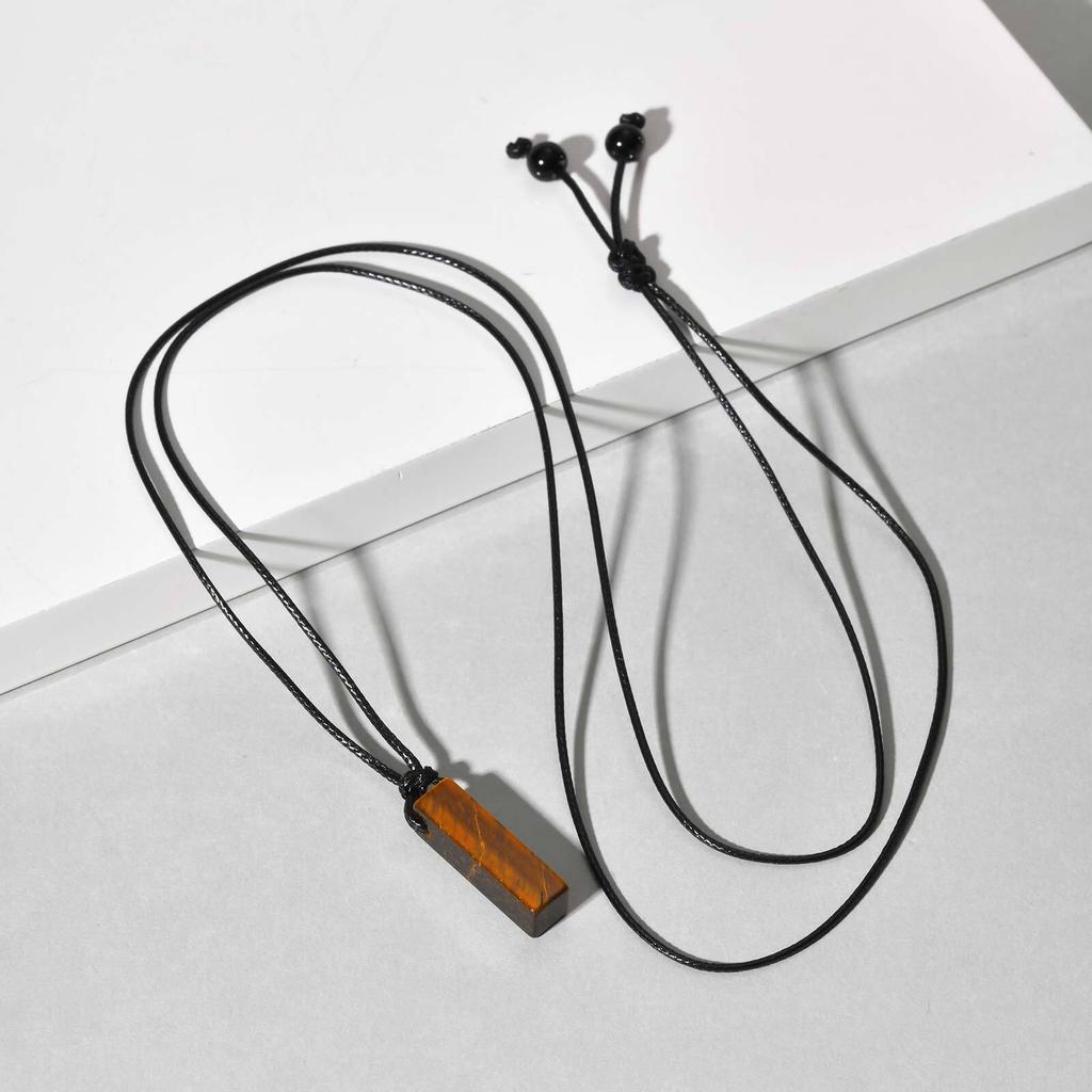 Green Healing Natural Stone Necklace for Men,Cylinder Pendant with Black Leather Long Wax Rope Collar,Sweater Chain Gift