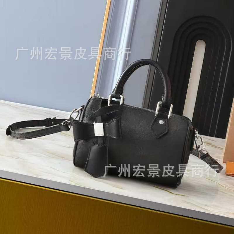 White Tricolor Pillow Bag Boston Single-shoulder Portable Bowknot Female Cowhide Handbag
