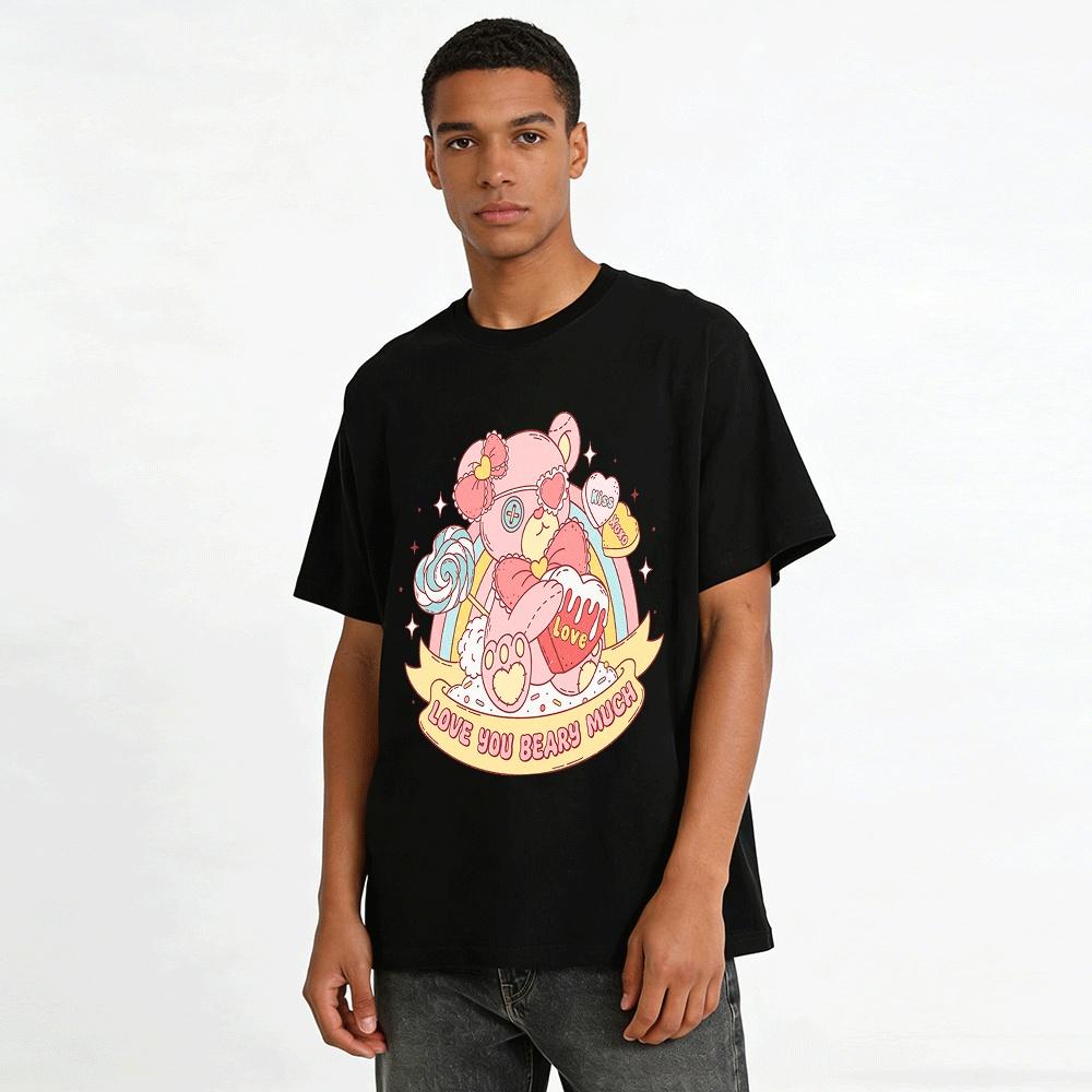 Love You Beary Much Cute Pink Bear Print Sweet Casual T-Shirt Pure cotton T-shirt