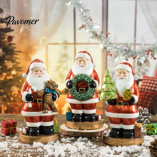 Desktop Holiday Ornament Santa Claus Figurine, Christmas Resin Holding Wreath/Tree/Bear Statue, Decorative Gift for Family Tabletop Mantel,