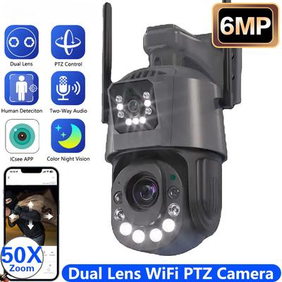4K 6MP Zwei-Wege-Audio-Doppelobjektiv-PTZ-WLAN-Kamera für den Außenbereich, 50-facher optischer Zoom, KI-Menschenerkennung, 150-200M Nachtsicht-IP-Kamera iCsee