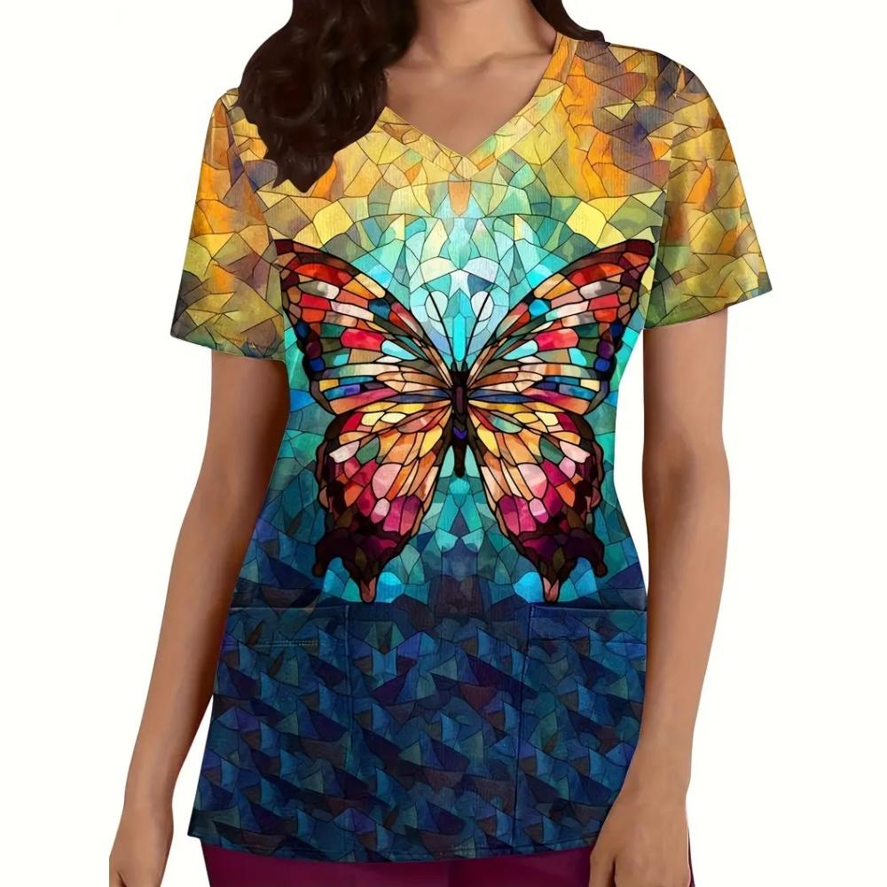 Fashion Butterfly Print Surgical Uniforms Woman Microelastic V-Neck with Pockets Clinical Uniform Short Sleeve Medical Clothes