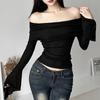 Fashion New Solid Slim Fit Off Shoulder T-shirt Women Sexy Backless Flare Long Sleeve Tshirts Woman Street Y2K Elegant Casual Lady Tee Shirt 24574