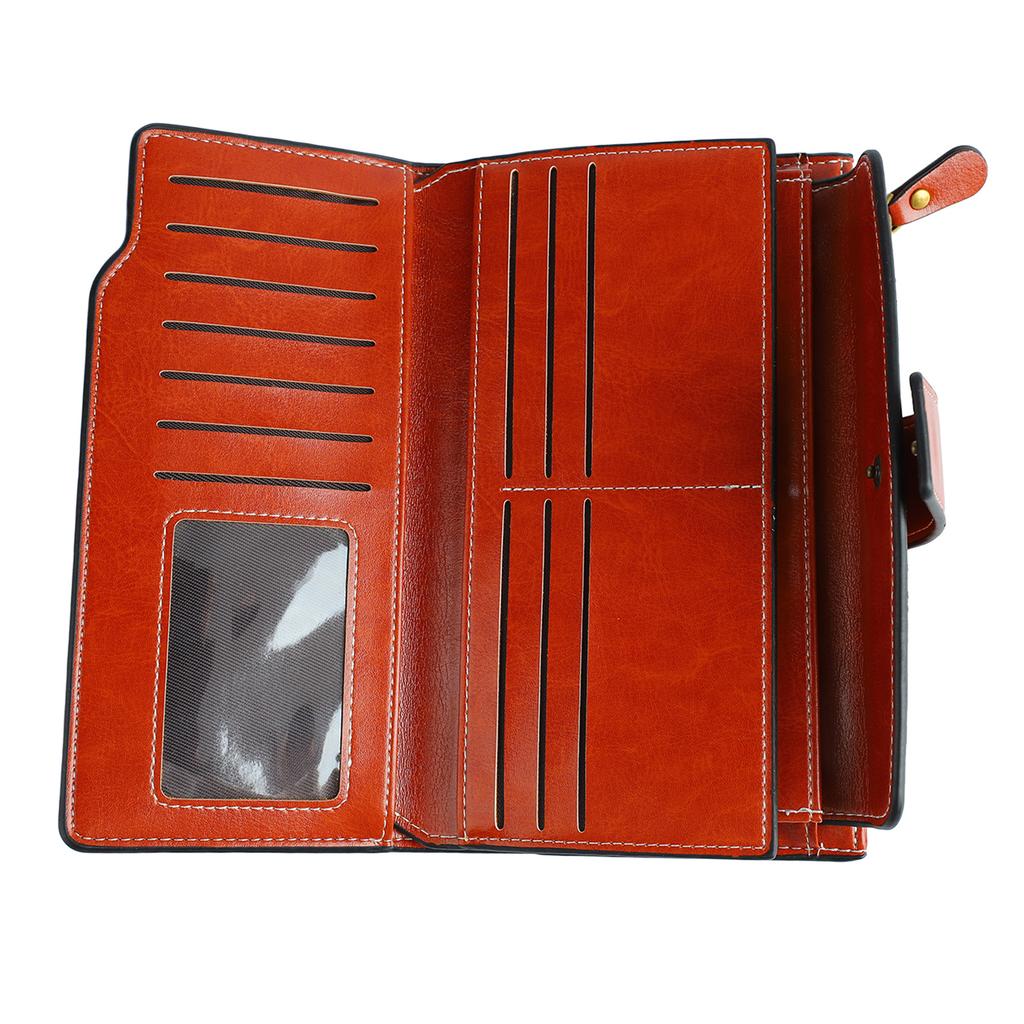 Gewachstes Kartenetui Große Kapazität Langer Typ Mehrschichtiges Kartenetui mit Blocker für Damen Lady Outdoor Vintage Braun Lang