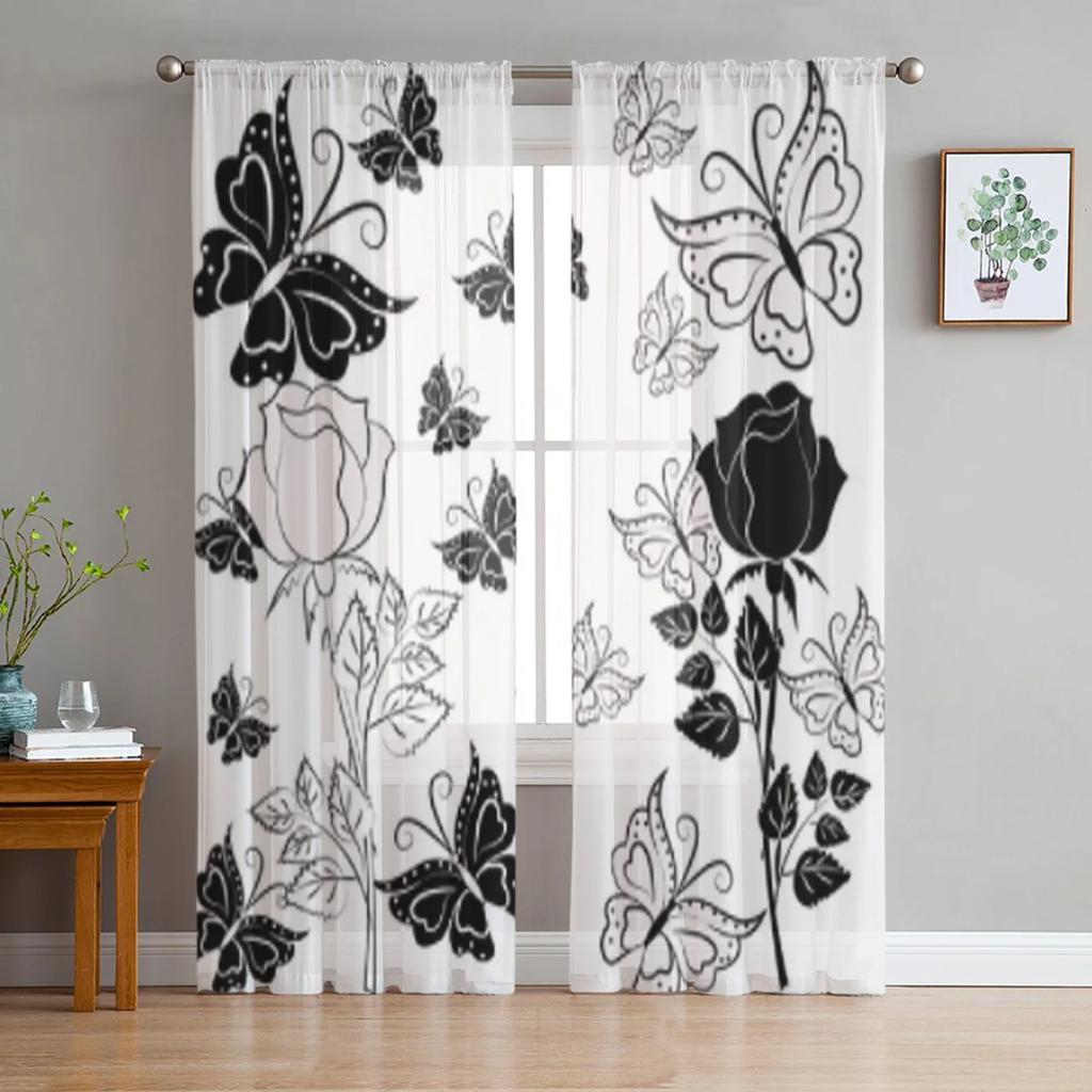 Florale abstrakte schwarz-weiße Tüllvorhänge für Wohnzimmer, durchsichtiger Vorhang, Schlafzimmer, Schleier, Organza, dekorative Fensterdekorationen