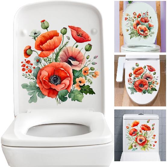3Pcs Red 3D Poppy Flowers Toilet Seat Wall Sticker Self-Adhesive DIY Removable Watercolor Bouquet Toilets Stickers for Cistern Bathroom WC Restroom