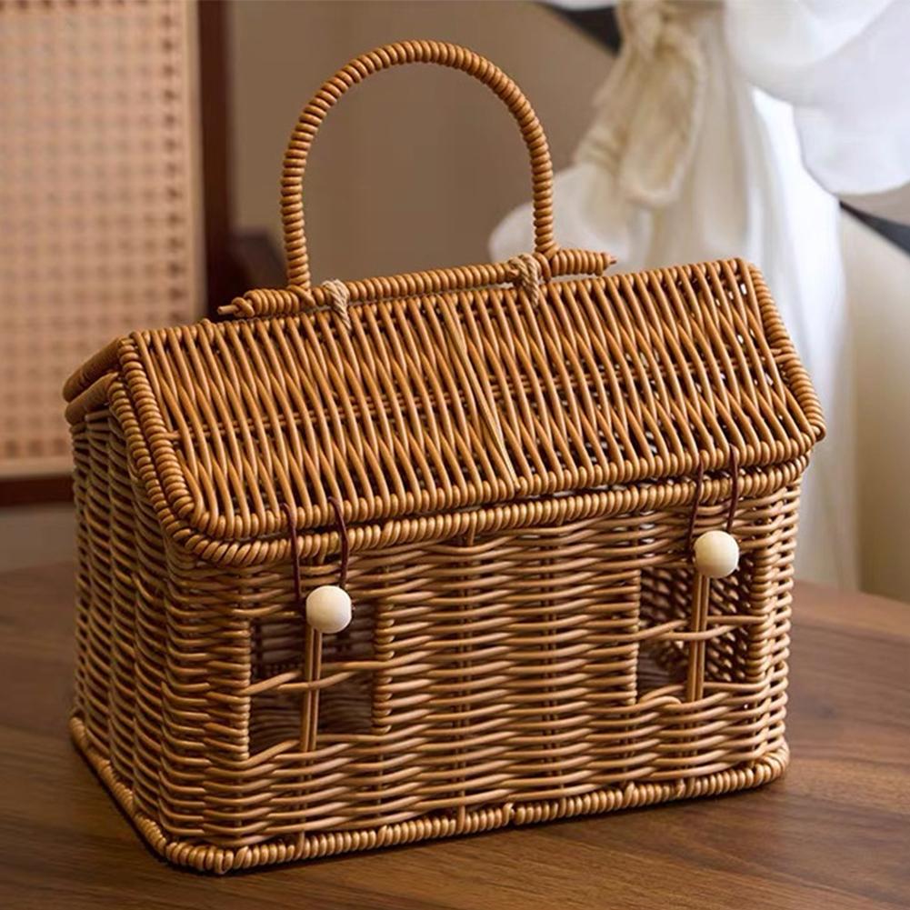 Rattan House Shaped Basket with Lid, Decorative Hand Woven Shelf Organizer with Folding Handle, Harvest Wicker Basket For Picnic