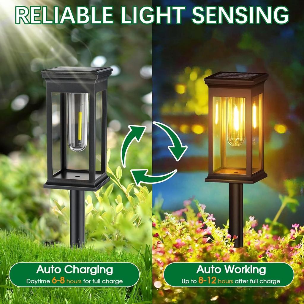 Solar Garden Lights Outdoor, Tungsten Filament LED Pathway Lights, Square Ground Plug Landscape Lighting for Lawn Patio Yard