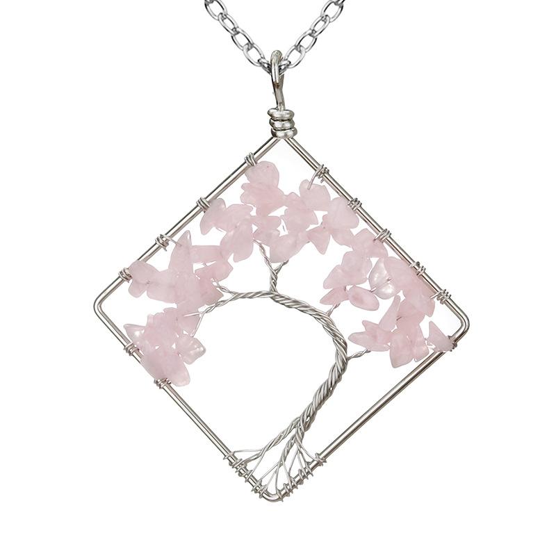 Wrapped Colorful Natural Stone Crystal Square Curved Tree Of Life Pendant Necklace N08 Fresh And Sweet