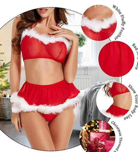 2021 European & American Style Lace Christmas Babydoll Lingerie Set: Red Garter Belt & Bodysuit Nightgown