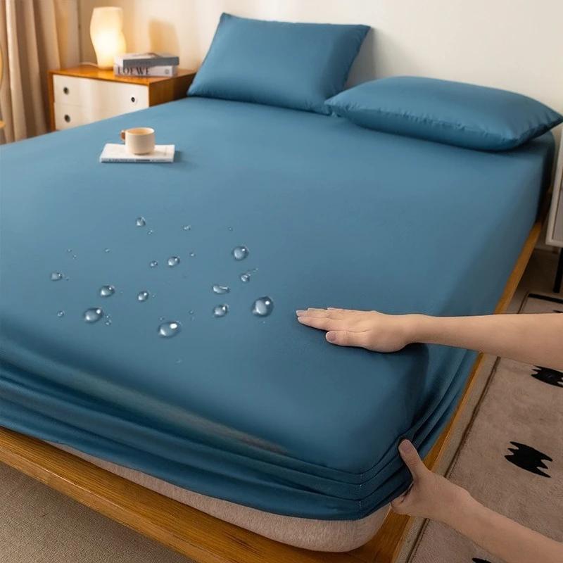 Soild Color Waterproof Fit Sheet with Elastic Band Non Slip Adjustable Mattress Cover for Double King Queen Bed 90/120/150/180/200cm