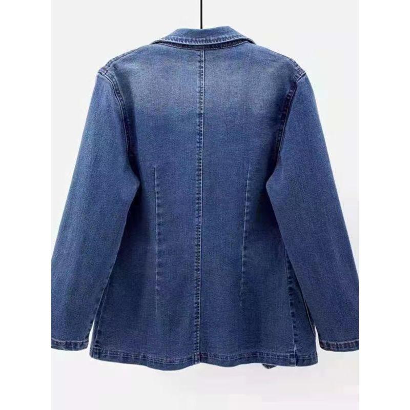 Hong Kong Style Fashion Autumn Suit Collar Blue One Button Slim Looking Stretch Casual Denim Long Sleeves Outwear Plus Size Women's Clothing