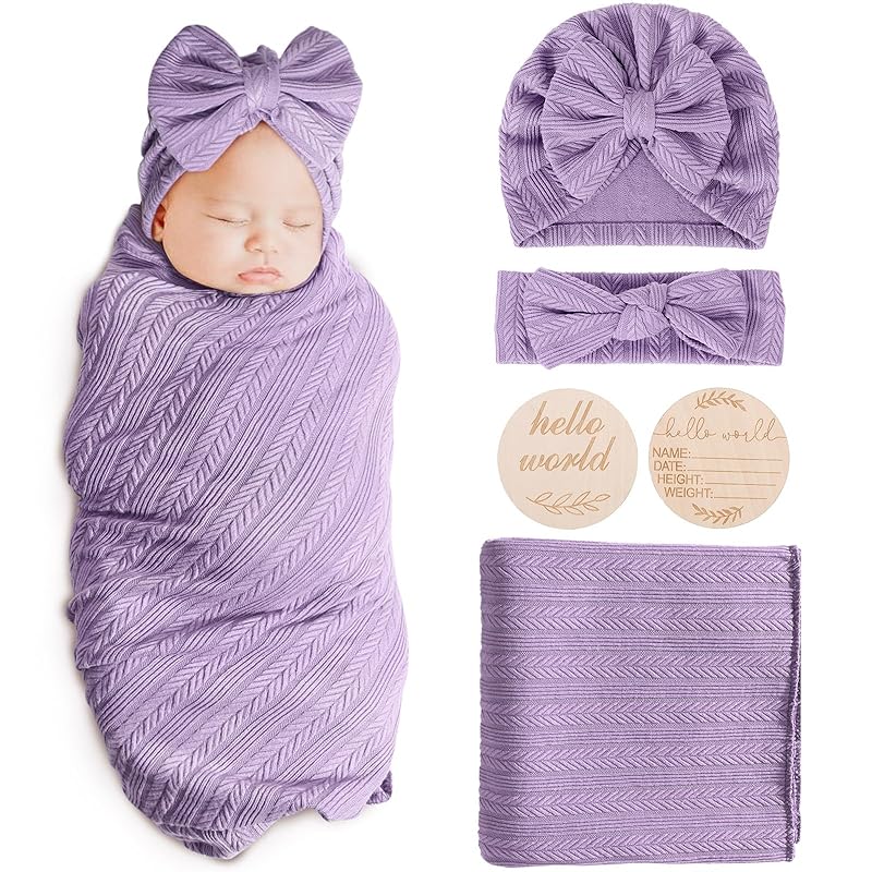 Newborn Receiving Blanket with Bow Hat Mittens Wooden Card Set Wheat-Pattern Newborns Toddler Baby Boy Girl Nursery Swaddle Wrap