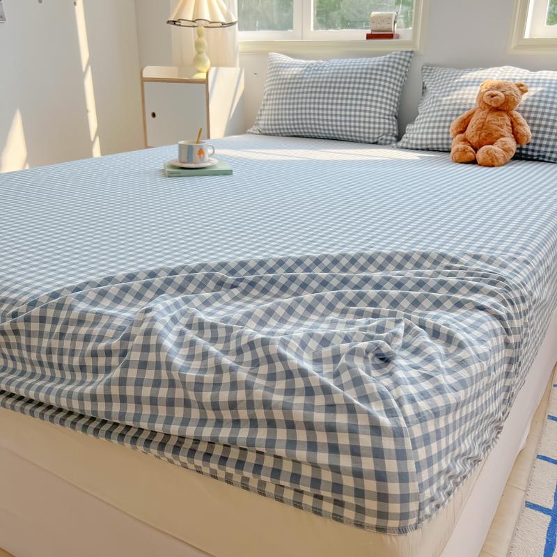 2024 New A-class Solid Color Good Quality Grid Washed Cotton Bed Sheet, Single Piece Fully Enclosed Non Slip Bed Sheet, Bed