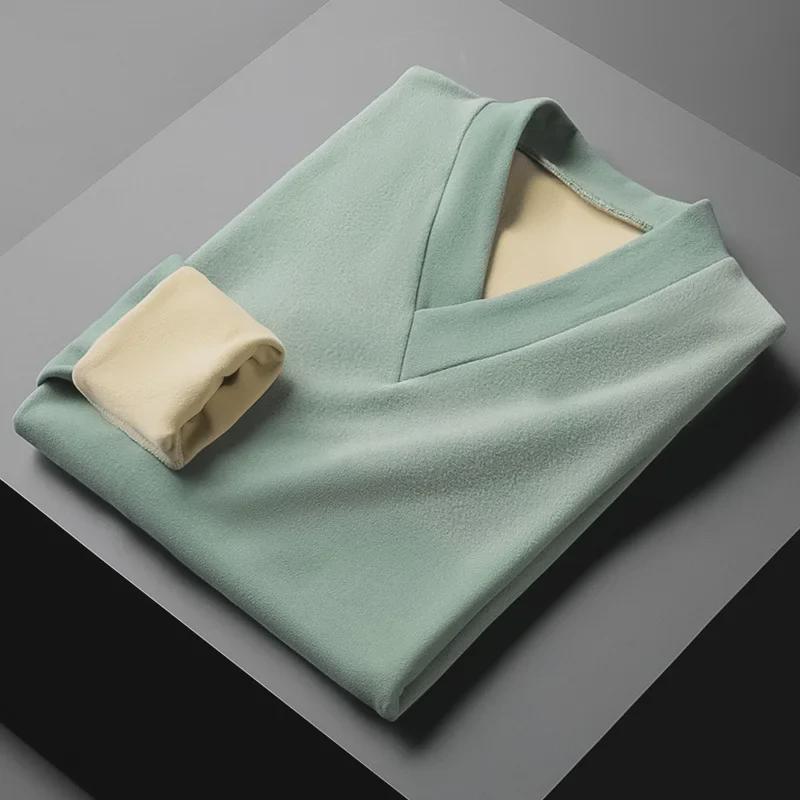 Men's V-neck Self-heating Long Sleeve German Velvet Shirt - Warm, Solid Color Autumn/Winter 2021