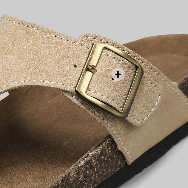 Leather Upper Cork TPR Soft Sole Men's Flip Flops Adjustable Buckle Slip On Flat Slippers with Arch Support Outdoor Beach Slides