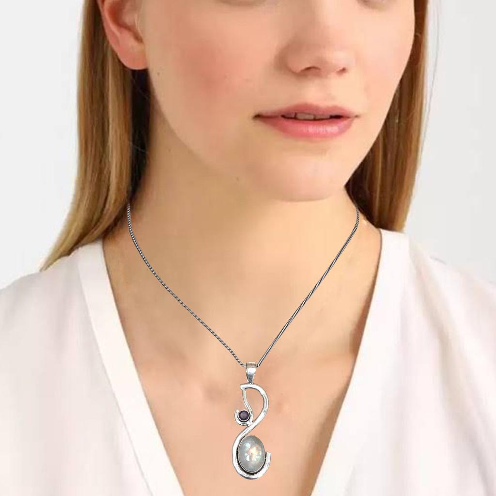 Silver Necklace Moonstone  Gifted Rainbow Jewelry Pendant Gemstone 18"