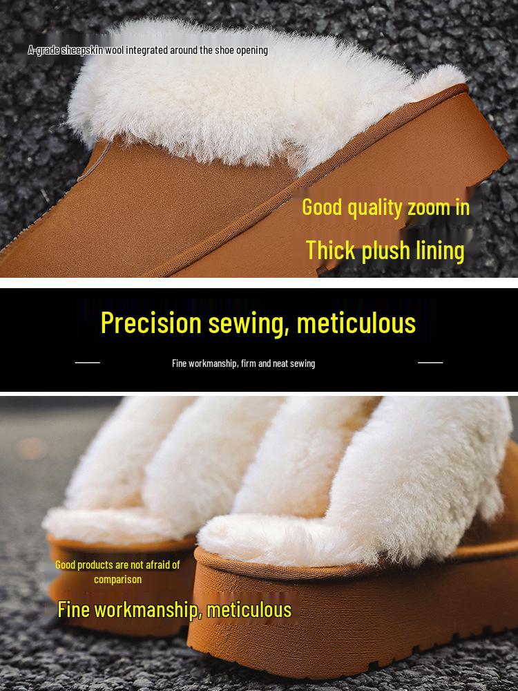 Women's Furry Leather Snow Boots - Thick Sole, Closed Toe, Non-Slip, Warm Slippers