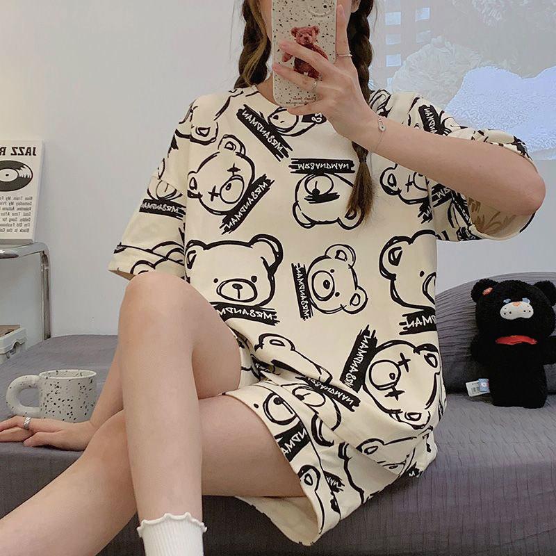 

[High-quality imitation cotton] Pajamas women s summer thin short-sleeved new cute outer wear summer loose loungewear set XXL