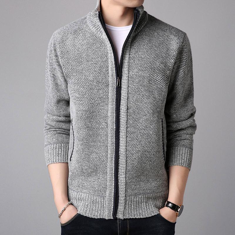 Men's Korean Style Loose Plus Size Fleece-Lined Cardigan Sweater - Solid Color, Autumn/Winter